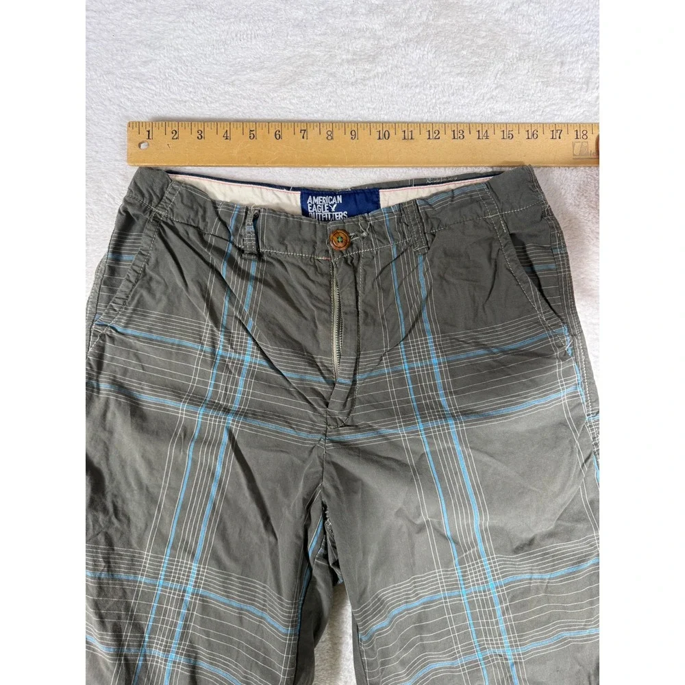American Eagle Plaid Shorts Mens 34 Grey Blue Flat Front Casual Summer‎